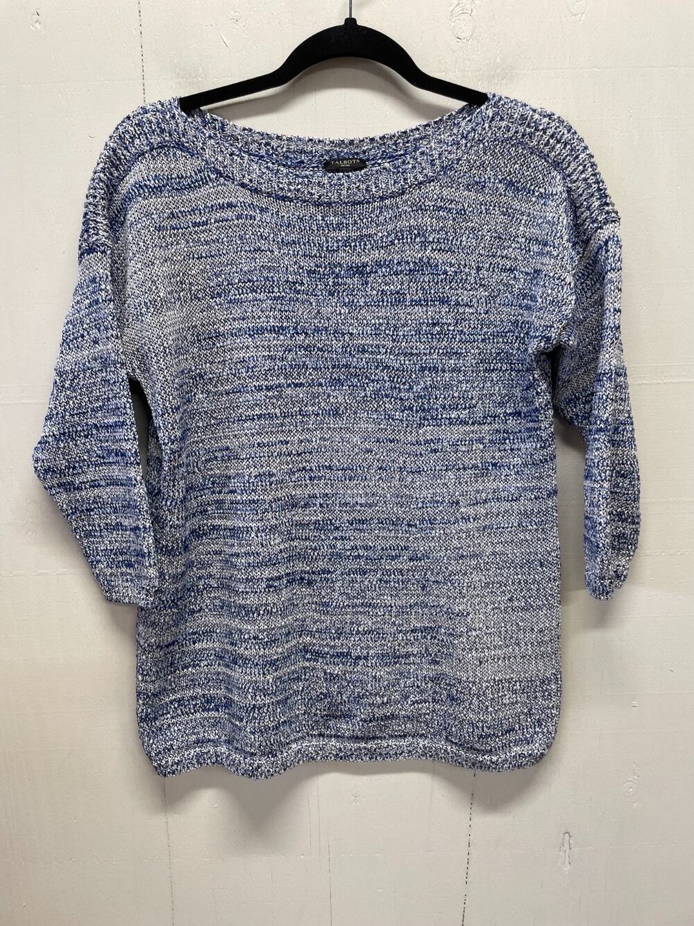 Talbots Women's Large Petite Blue & White Marled 3/4 Sleeve Knit Sweater Cotton